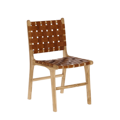 solid acacia wood dining chair with woven leather design
