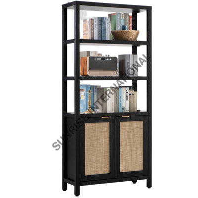 Solid Wood 2 Door Bookshelf Bookcase Rack With Rattan Cane Work Home &