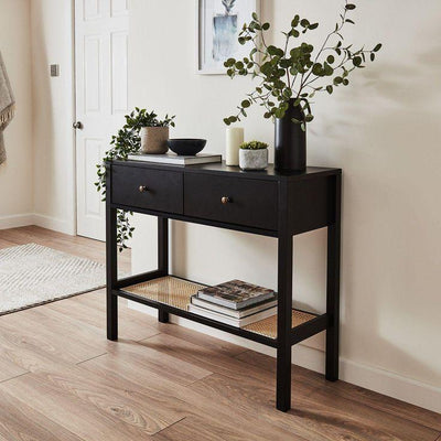 Solid Wood Console table, Dressing table, Hallway table with rattan cane bottom shelf (2 drawers)