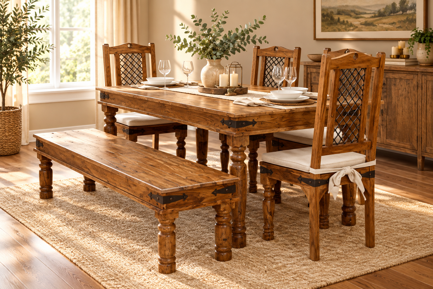 Solid Wood Dining Set - 1 Table, 4 chairs, 1 bench