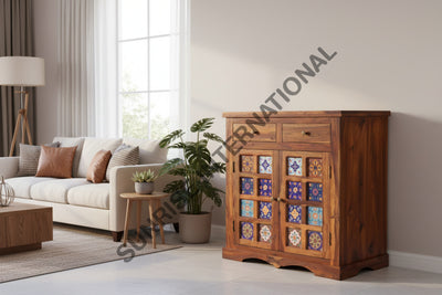 Solid sheesham wood sideboard cabinet with artistic ceramic tiles