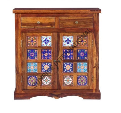 Solid sheesham wood sideboard cabinet with artistic ceramic tiles
