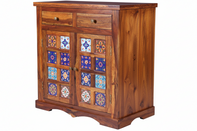 Solid sheesham wood sideboard cabinet with artistic ceramic tiles