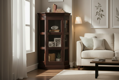 Solid wood 4ft corner curio display glass cabinet - crockery cabinet - bookshelf