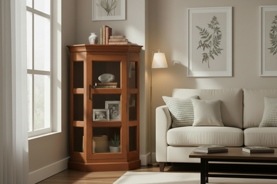 Solid wood 4ft corner curio display glass cabinet - crockery cabinet - bookshelf
