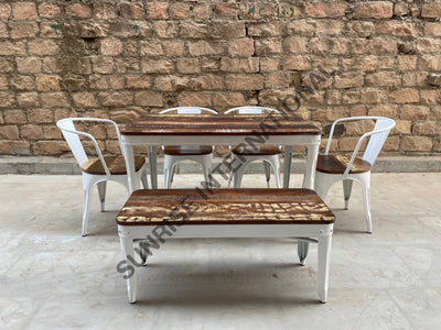 Solid wood + Metal Dining table with 4 chairs & 1 bench outdoor furniture set for Home Restaurant & café Home &