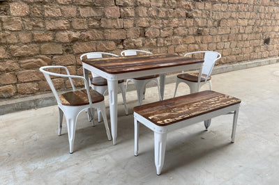 Solid wood + Metal Dining table with 4 arm chairs & 1 bench outdoor furniture set for Home, Restaurant & café