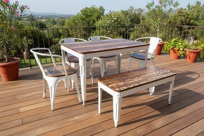 Solid wood + Metal Dining table with 4 stackable arm chairs & 1 bench outdoor furniture set for Home, Restaurant & café