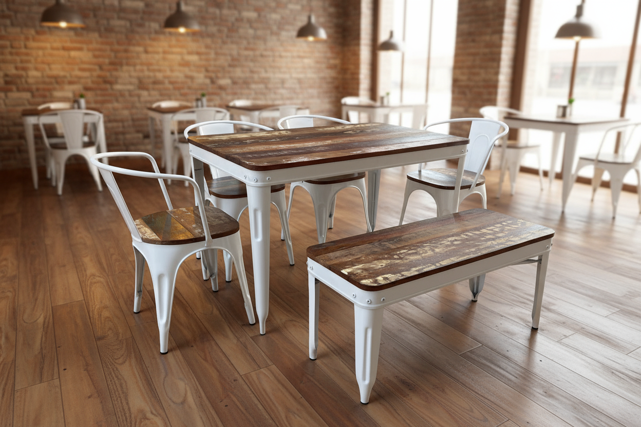Solid wood + Metal Dining table with 4 stackable arm chairs & 1 bench outdoor furniture set for Home, Restaurant & café