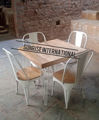 Solid wood + Metal Dining table with 4 stackable chairs furniture set for Restaurant & café