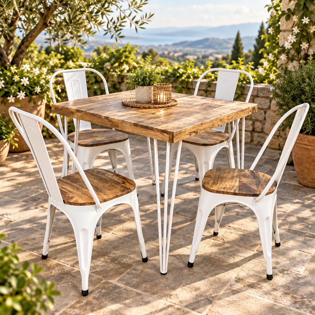 Solid wood + Metal Dining table with 4 stackable chairs furniture set for Restaurant & café