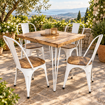 Solid wood + Metal Dining table with 4 stackable chairs furniture set for Restaurant & café