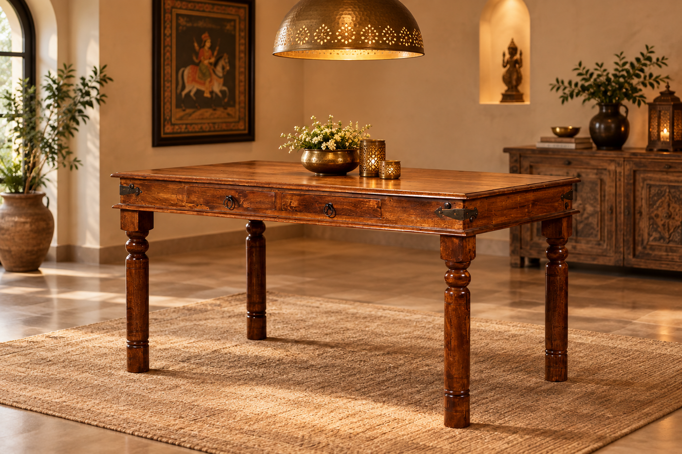 Solid wood Rajasthani Dining table with 4 storage drawers