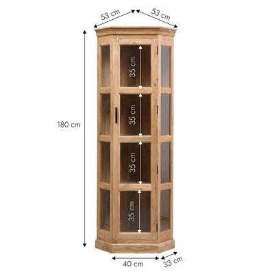 Wooden corner curio cabinet with dimensions indicated on a white background