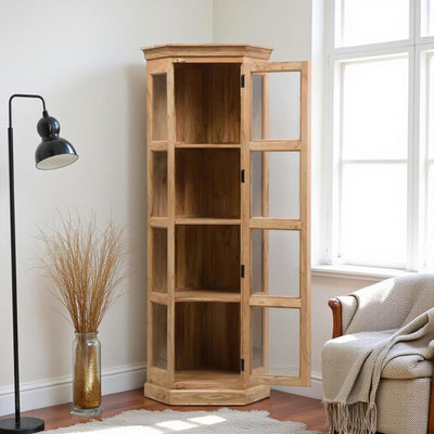 corner curio glass cabinet in solid mango wood