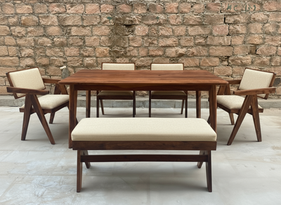 The Timber Guy Mid Century Wooden Dining table Armchair Bench furniture set with cushion