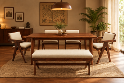 The Timber Guy Mid Century Wooden Dining table Armchair Bench furniture set with cushion