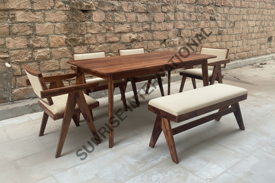 The Timber Guy Mid Century Wooden Dining table Armchair Bench furniture set with cushion