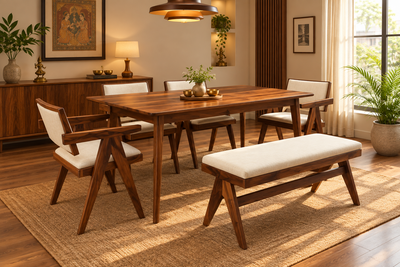 The Timber Guy Mid Century Wooden Dining table Armchair Bench furniture set with cushion