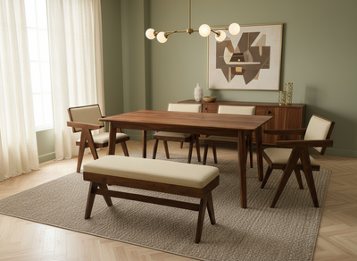 The Timber Guy Mid Century Wooden Dining table Armchair Bench furniture set with cushion