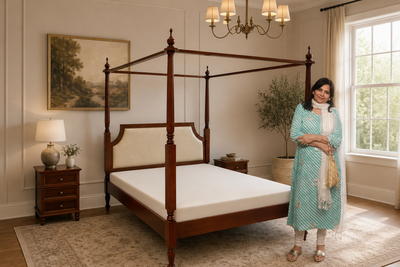 Upholstered Four Poster Bed | Solid Mango Wood | King & Queen