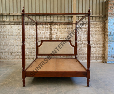 Solid mango wood four poster bed with upholstered headboard
