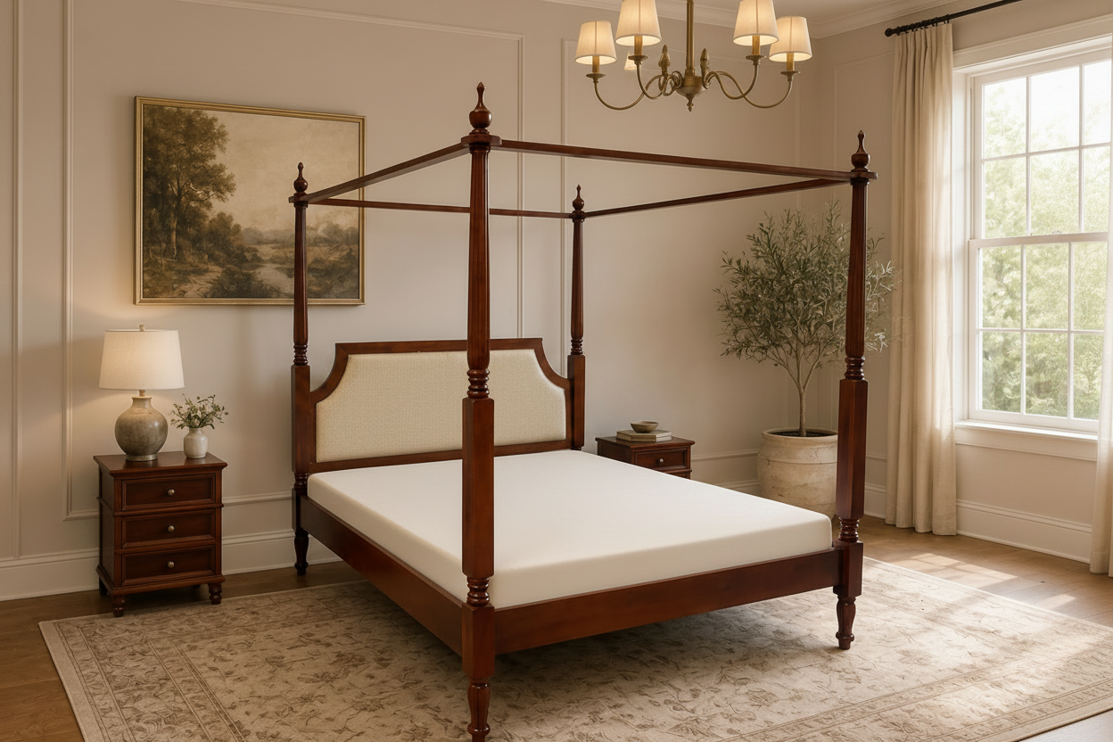 Upholstered Four Poster Bed | Solid Mango Wood | King & Queen