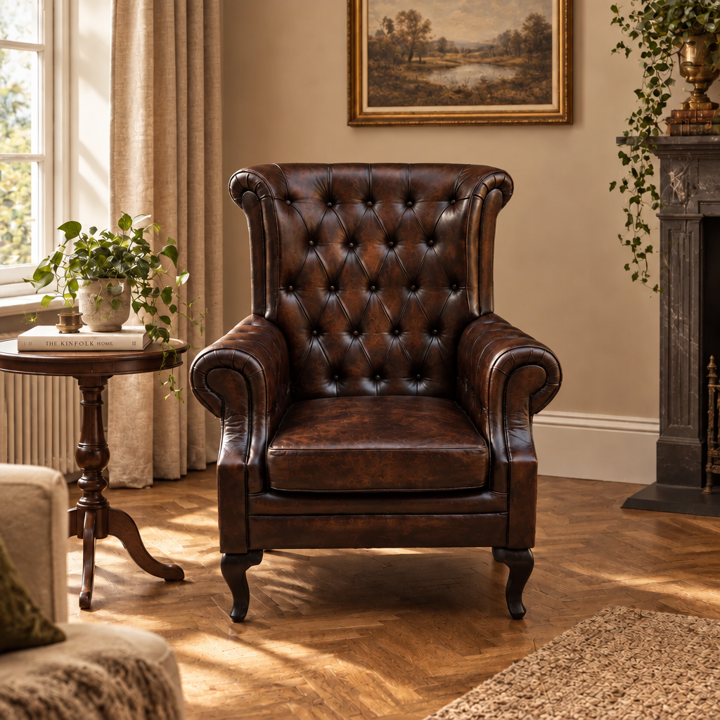 Vintage wooden High back leather lounge Arm chair sofa furniture online