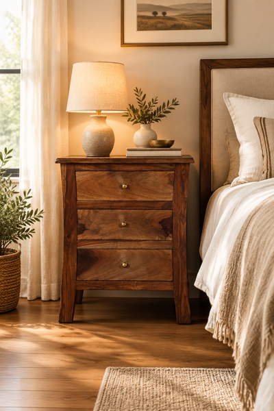 wooden bedside table in bedroom