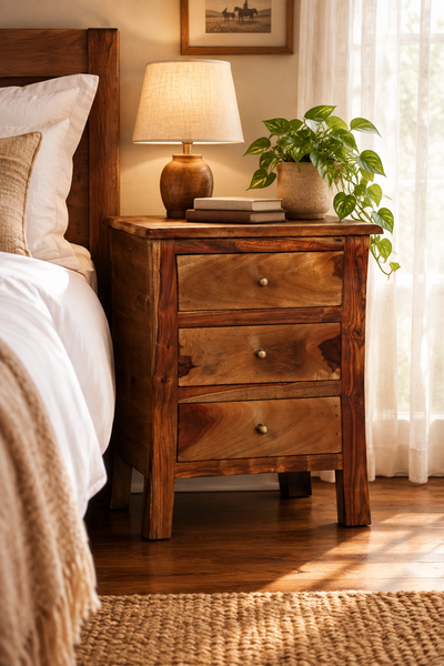 wooden bedsde table in bedroom
