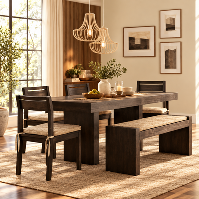 Western Style Wooden Wood Dining table with 4 Chair & 1 Bench set (6 pc set)