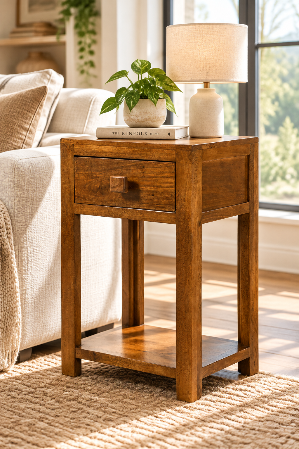 Wooden Bedside Table with Drawer & Shelf – Side & Lamp Table