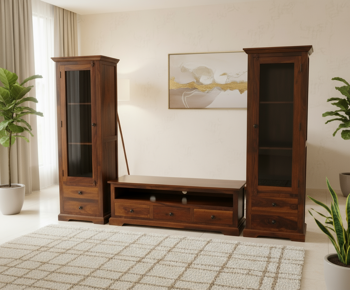 Wooden Entertainment Unit with TV Cabinet & 2 Standing Glass cabinets (set of 3)