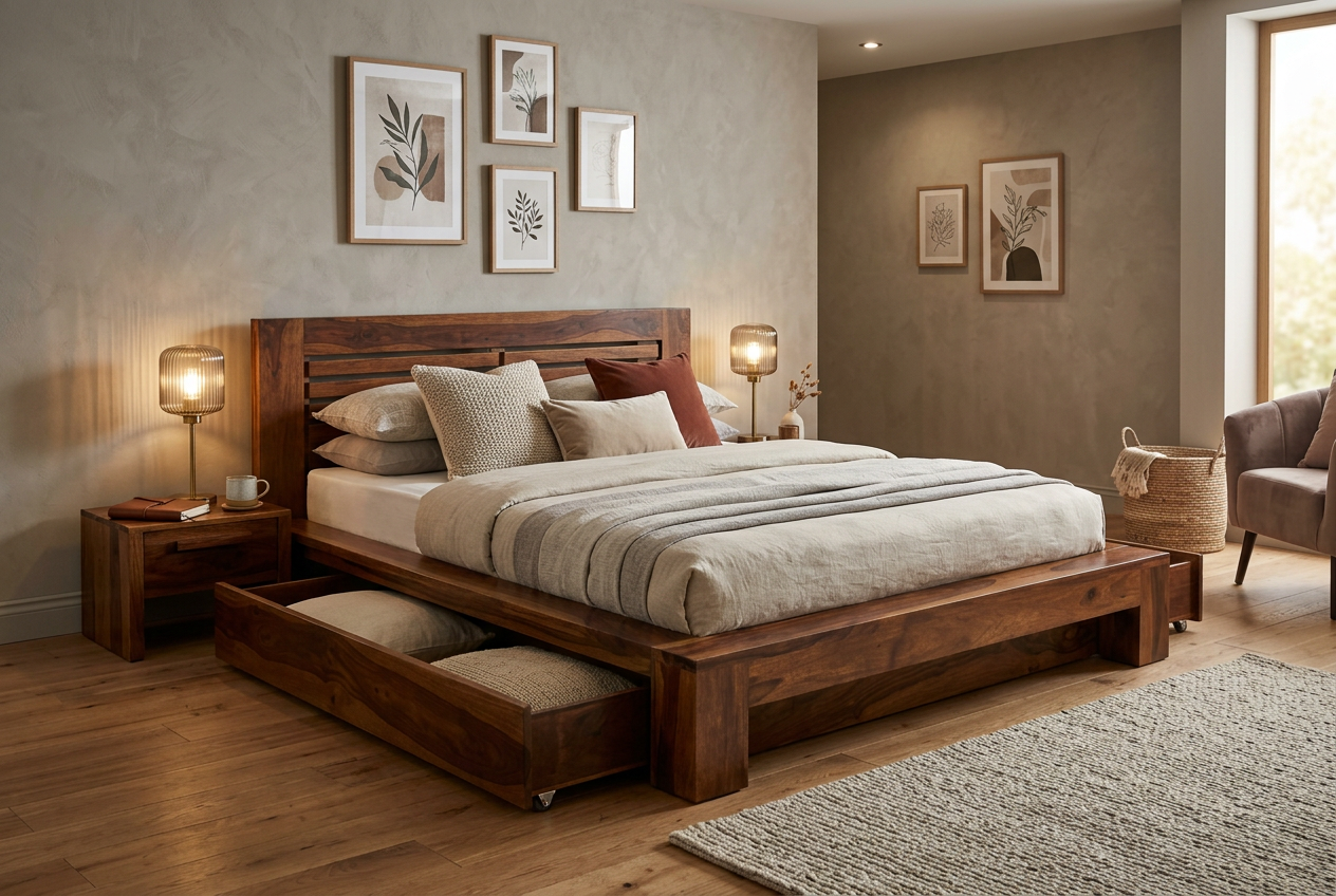 Solid Sheesham Wood Storage Bed with Drawers – King & Queen