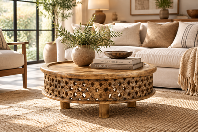 wooden carved coffee table in living room