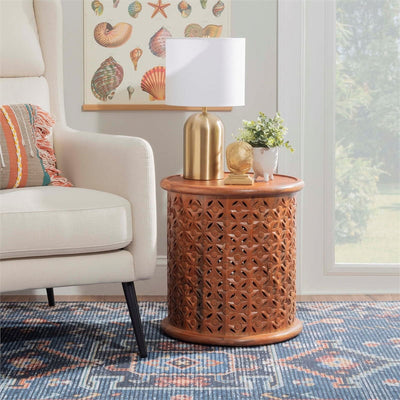 Wooden carving side end table in round shape !
