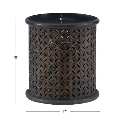 Round carved side table dimension diagram in dark finish
