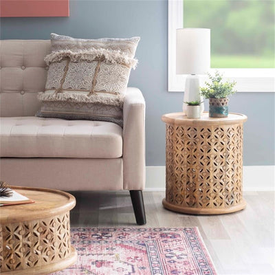 Wooden carving side end table in round shape !