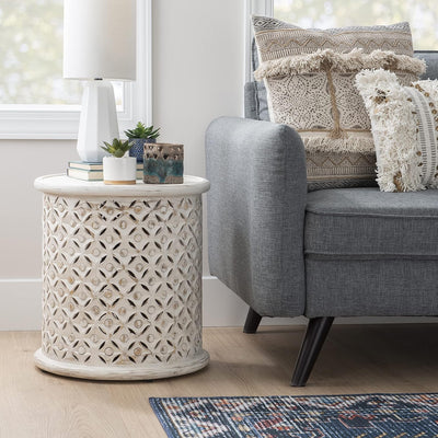Wooden carving side end table in round shape !