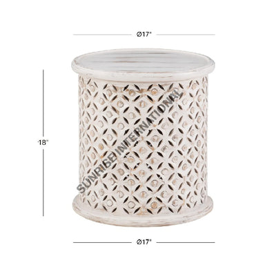 Round wooden side table dimension diagram showing 17 inch diameter and 18 inch height
