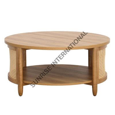 Wooden Coffee Center Table In Round Shape With Rattan Cane Work & Bottom Shelf! Home