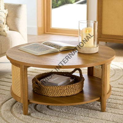 Wooden Coffee Center Table In Round Shape With Rattan Cane Work & Bottom Shelf! Home