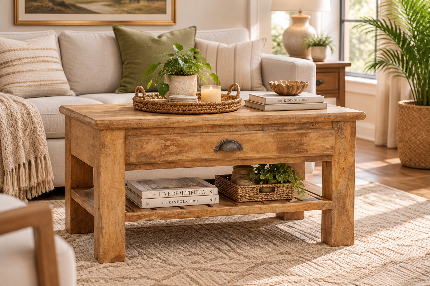 Wooden Coffee Table & Center Table with Storage Drawer & Shelf