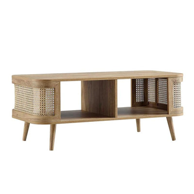 Wooden coffee center table with rattan cane work & bottom shelf !