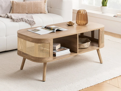 Wooden coffee center table with rattan cane work & bottom shelf !