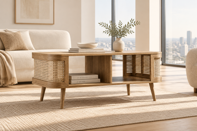 wooden coffee table with rattan cane and bottom shelf