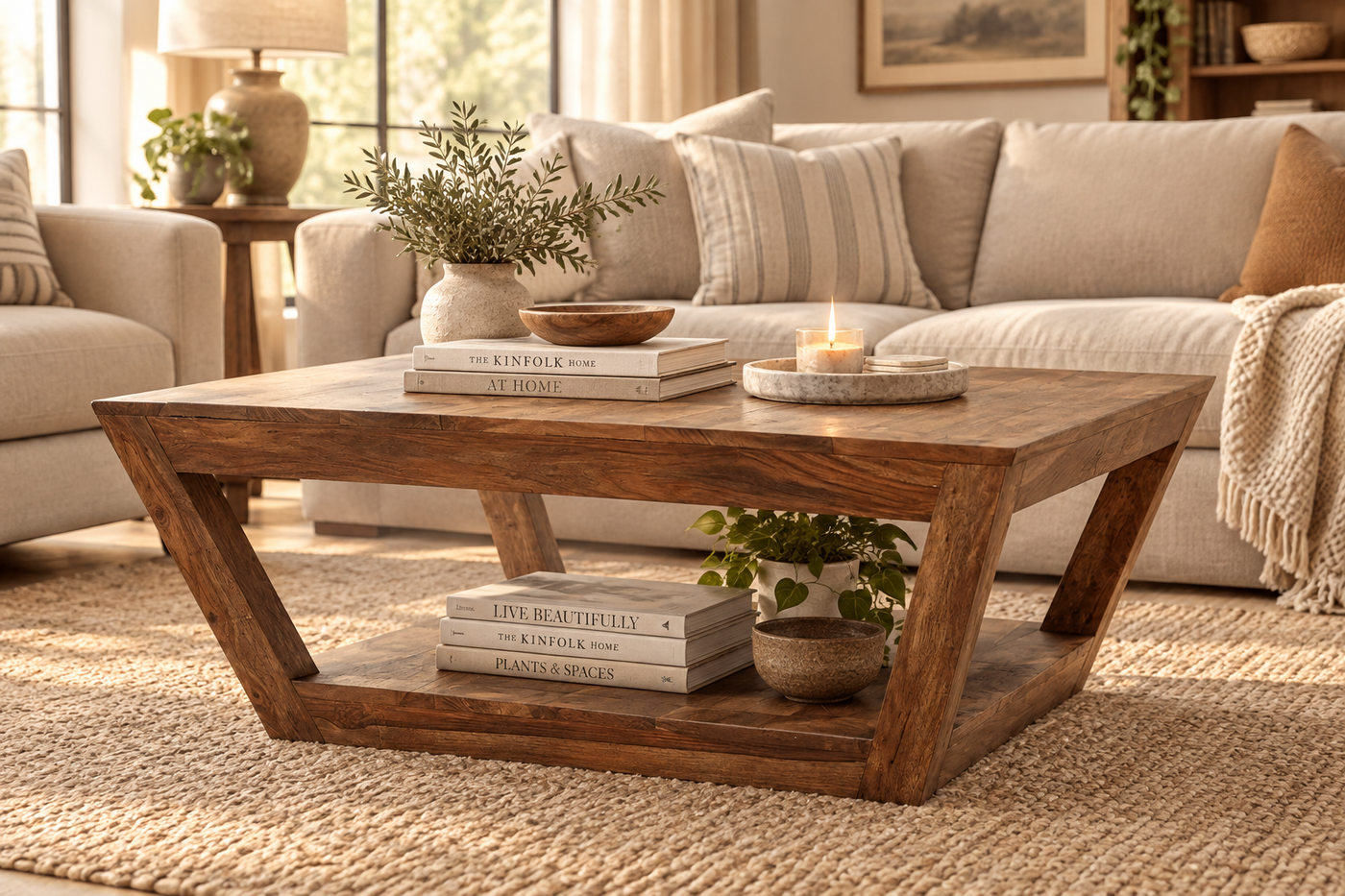 Wooden coffee table with bottom shelf with taper legs !