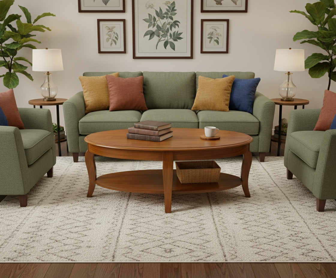 Wooden oval coffee center table with bottom shelf