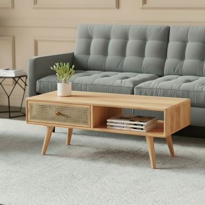 Wooden rattan cane coffee center table with bottom shelf & 1 storage drawer !