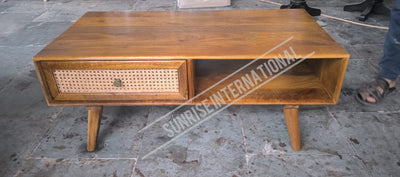 Wooden rattan cane coffee center table with bottom shelf & 1 storage drawer !
